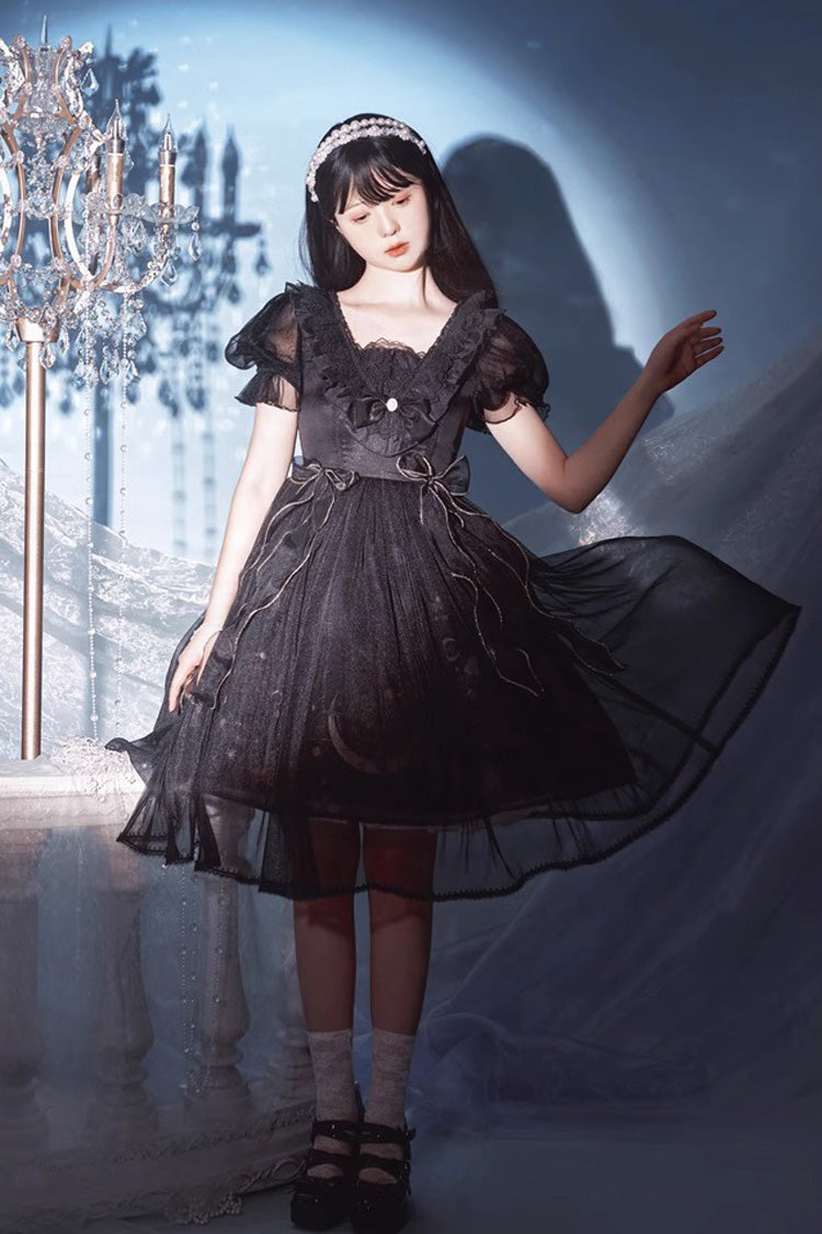 Black Planet Butterfly Printed Gothic Lolita Dress - High-Waisted Ruffled Lace