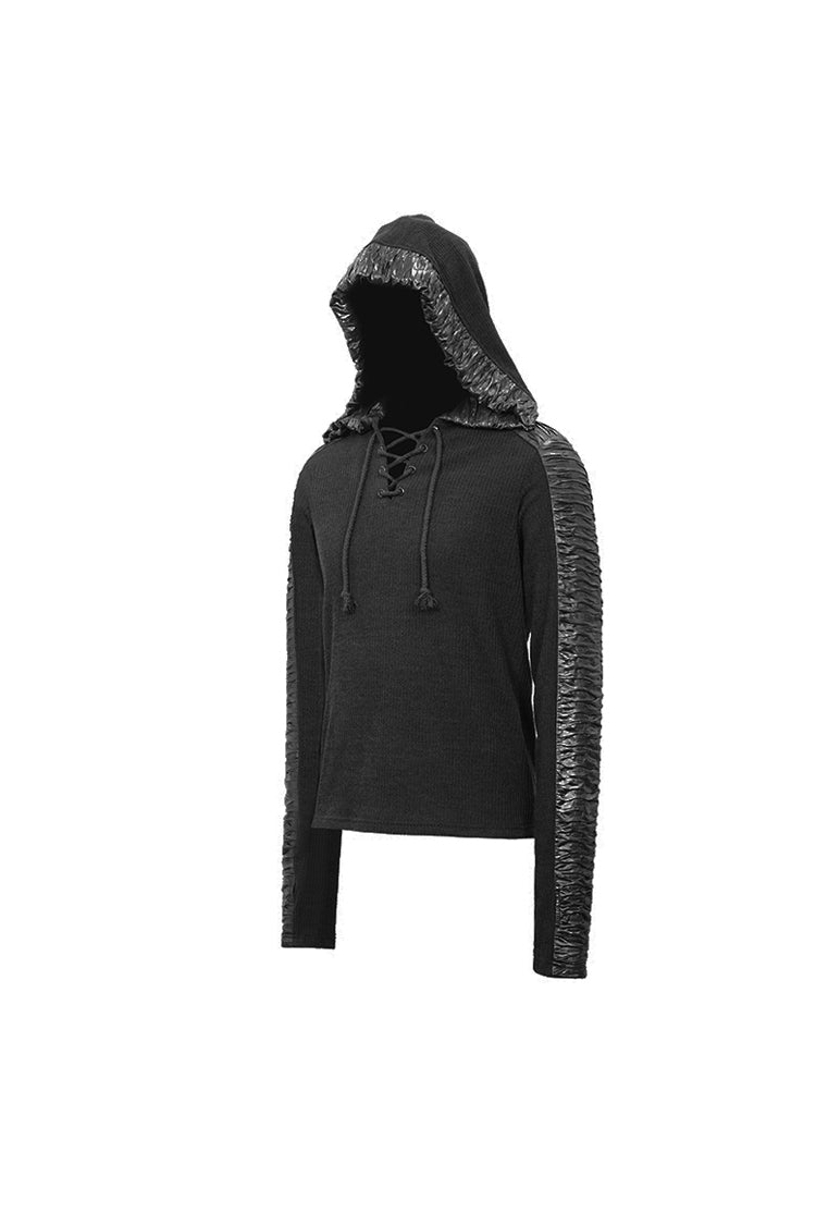 Men's Punk T-Shirt with Striped Wool Hood Lace-Up Crimped Fabric