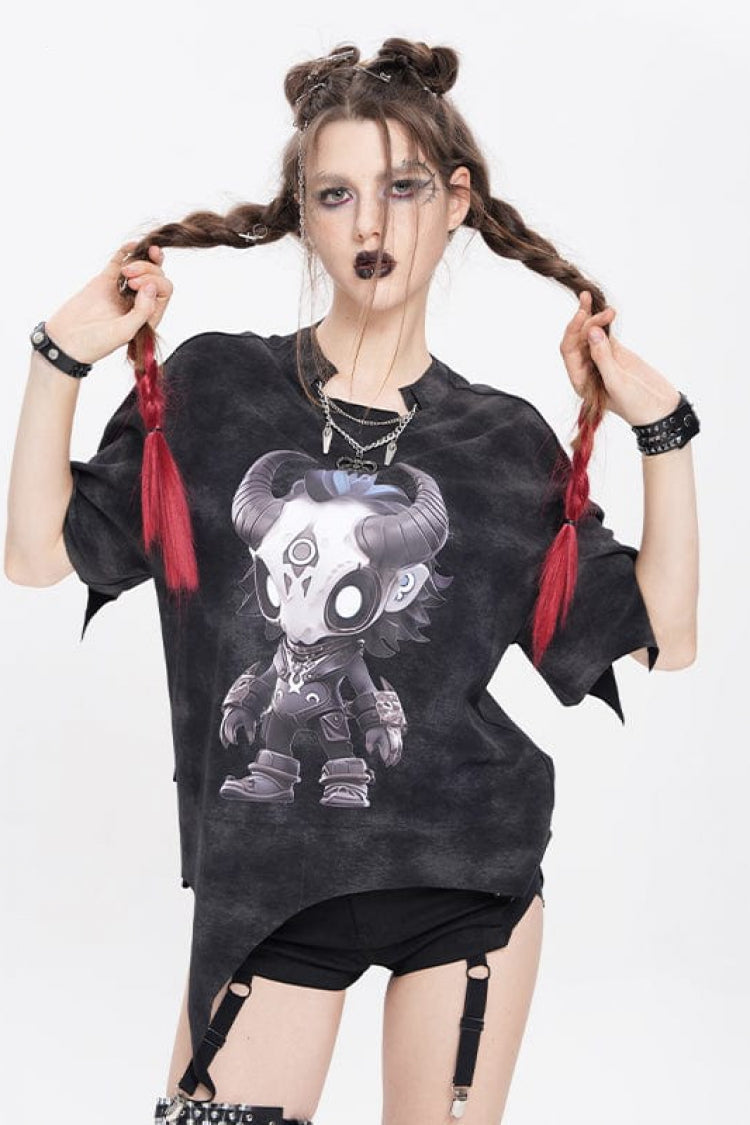Irregular Print Punk Tee with Artistic Graphics for Women