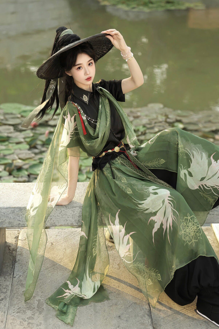 Embroidered Lapel Collar Short Sleeve Wuxia Hanfu Pants Set