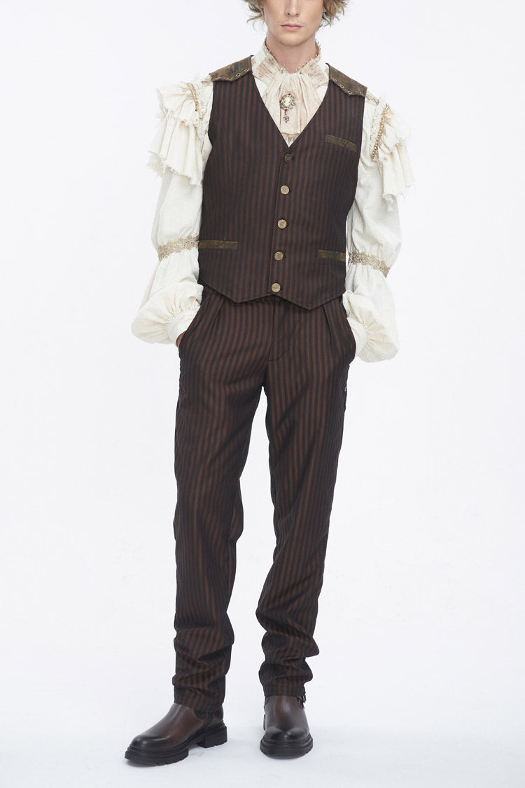 Cocoa Pinstripe Gothic Slim Vest with V-Neck and Stitching