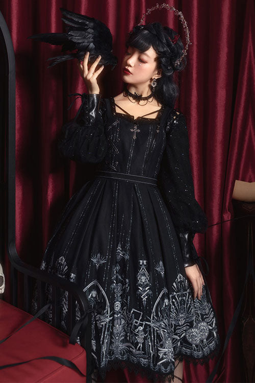 Black Red Heart Eye Print Square Collar Cross High Waist Gothic Lolita JSK Dress - Altfashion Shop
