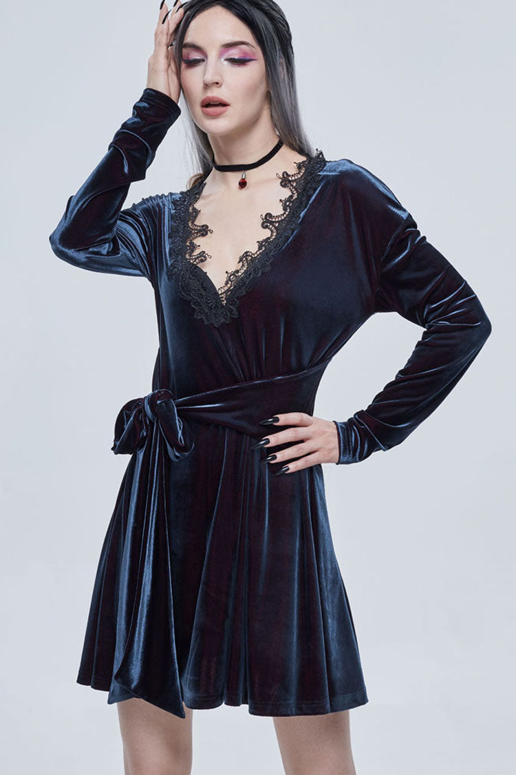 Crimson & Noir Velvet V-Neck Bow Detail Long Sleeve Gothic Dress