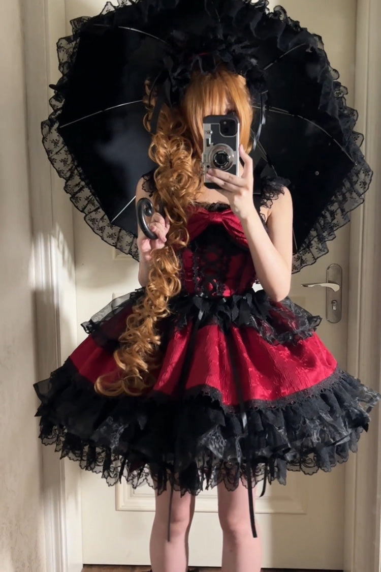 Red Sweet Ballet Lace Ruffle Sleeveless Bowknot Jsk Dress - Fleishi Island