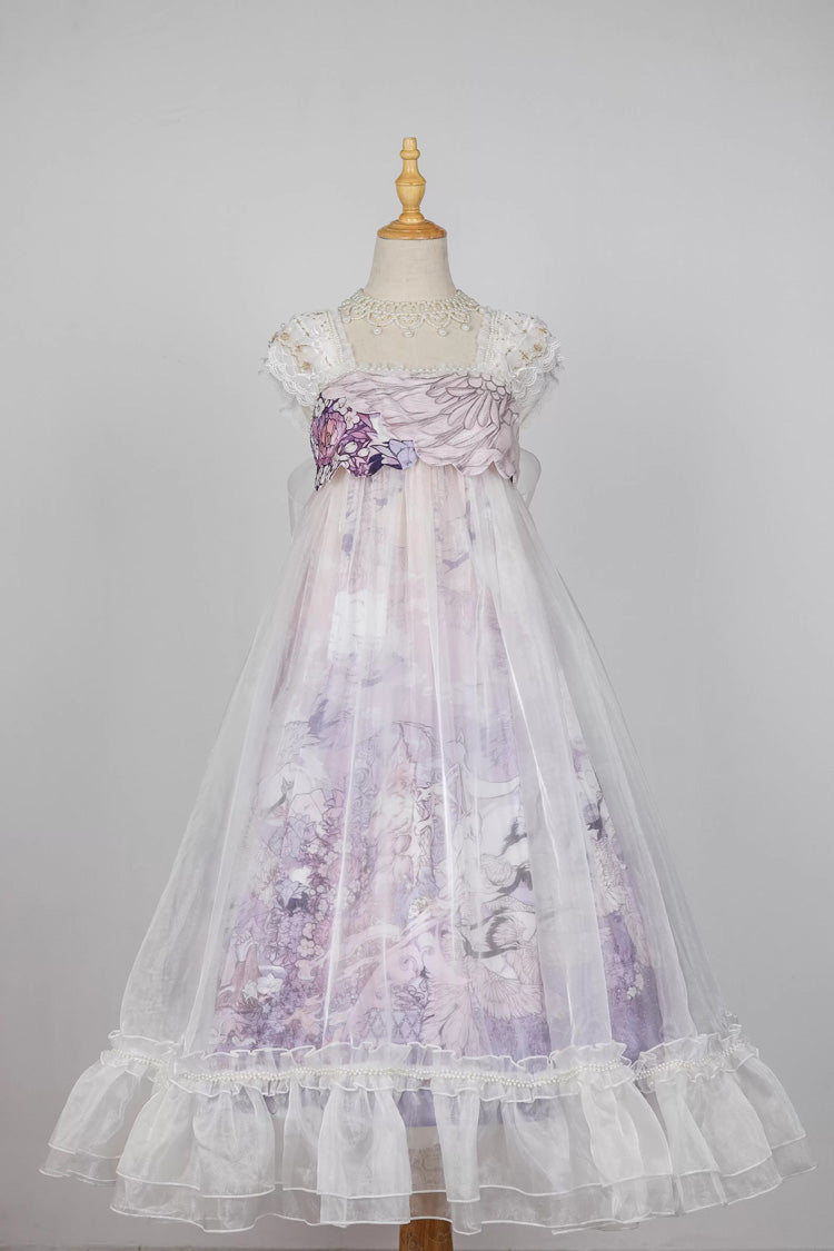 Ivory and Purple Square Neck High-Waist Printed Ruffled Lace Pearl-Trimmed Sweet Chinese Lolita JSK