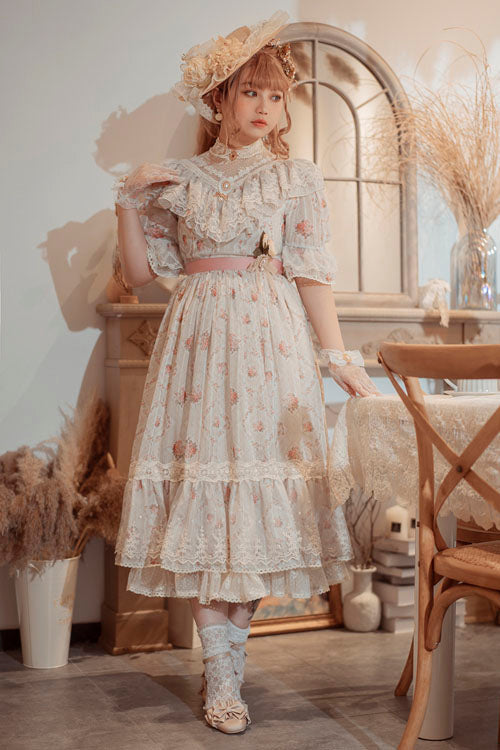 Embroidered Rose Print Lolita Dress with Ruffles, Sweet Vintage