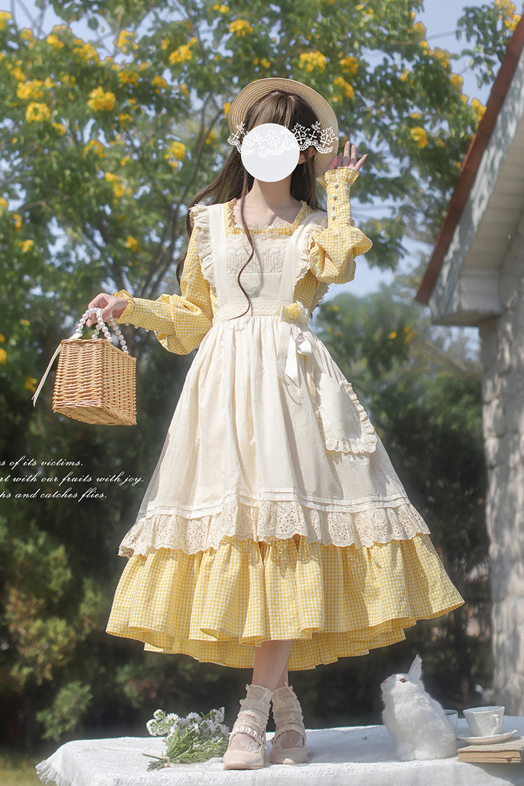Yellow Long Sleeve Print Dress with Lace-Up and Ruffles