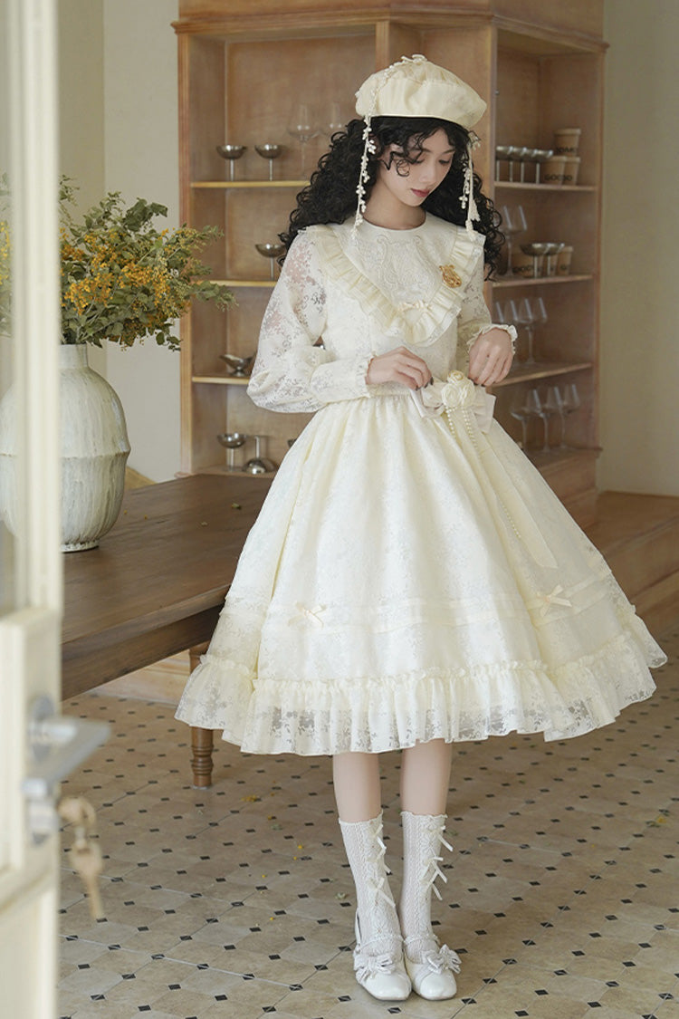 Cream Flower Sound Long Sleeve Frilled Cardigan Bow Lace Sweet Lolita Dress