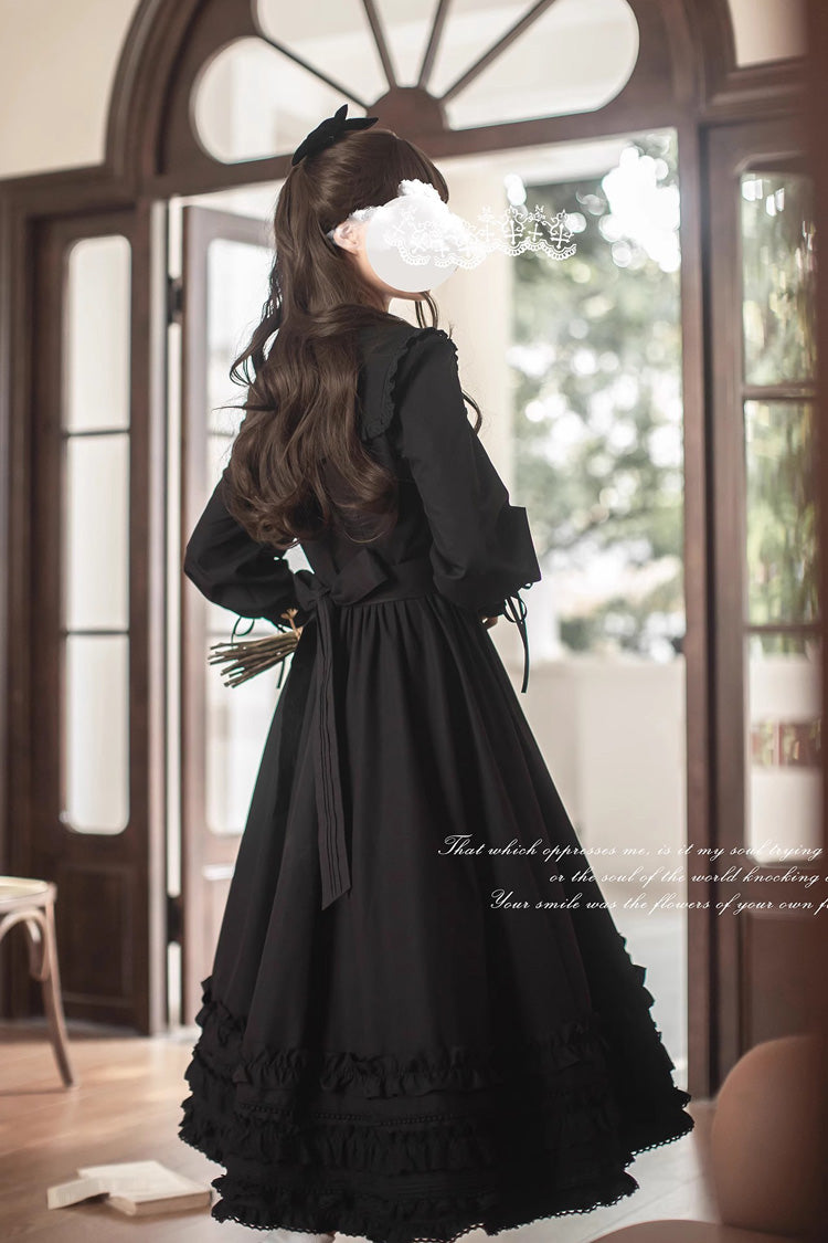 Black Long Sleeve Embroidered Bow Gothic Vintage Dress - Wind Kissed Tulips