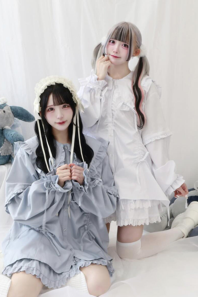 Japanese Blouse with Doll Collar, Long Sleeves, Ruffles, and Bow, 3 Colors