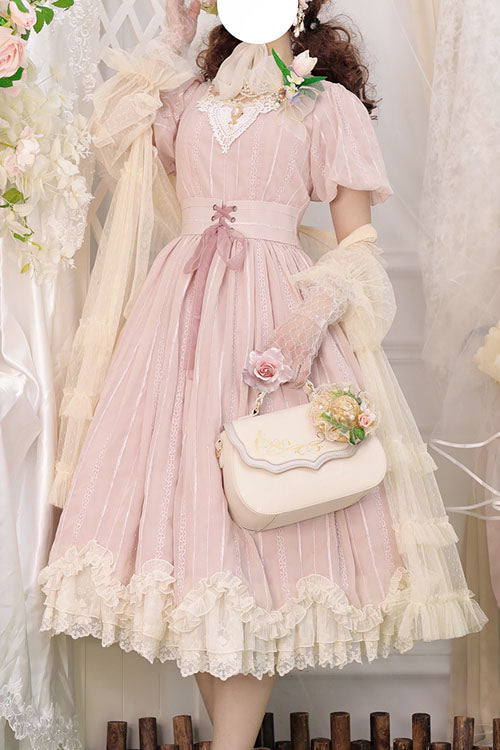 Pink Square-Collar Short-Sleeve Ruffled Vintage Lolita OP Dress