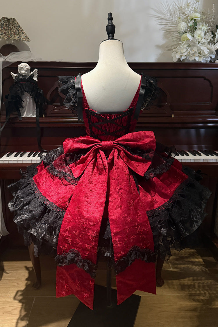 Red Sweet Ballet Lace Ruffle Sleeveless Bowknot Jsk Dress - Fleishi Island