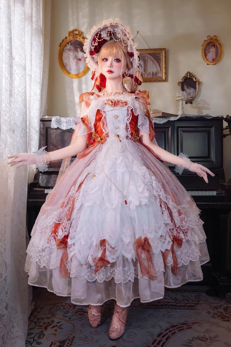 Glazed Phantom Off Shoulder Ruffle Hanayome Bow Lace Elegant Lolita Dress in Red