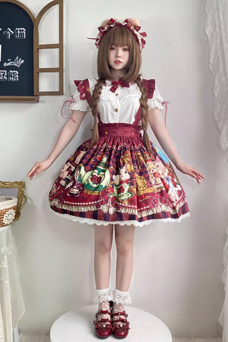 Red Print Ruffle Bow Sweet Lolita Skirt