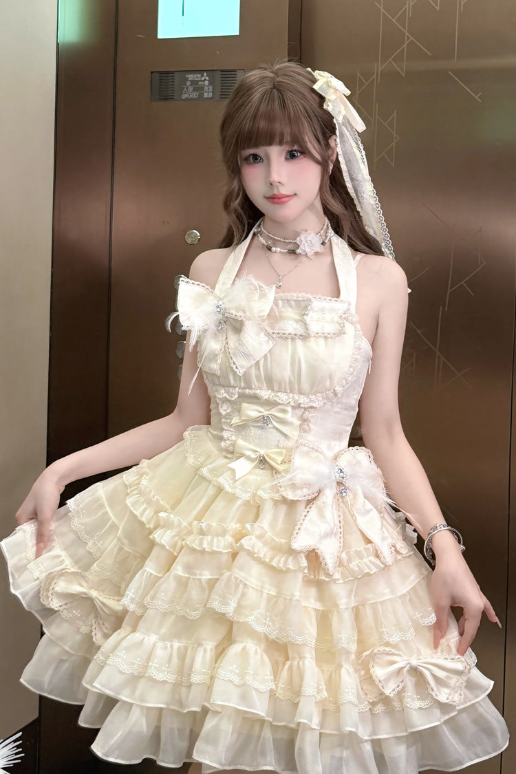 Swan Overture Apricot Halterneck Sleeveless Multi-Layered Ruffle Bowknot Lace Sweet Dress