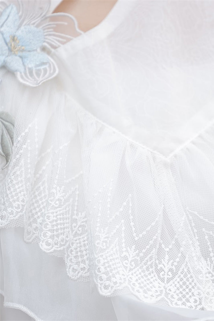Ivory Print Ruffle Lace Chinese Elegant Short Dress