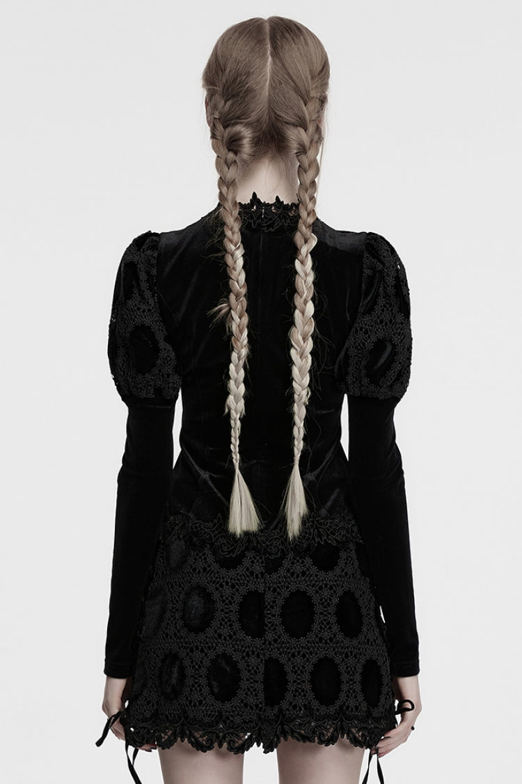 Jet-Black Gothic Blouse with Puffed Sleeves and Embroidered Print