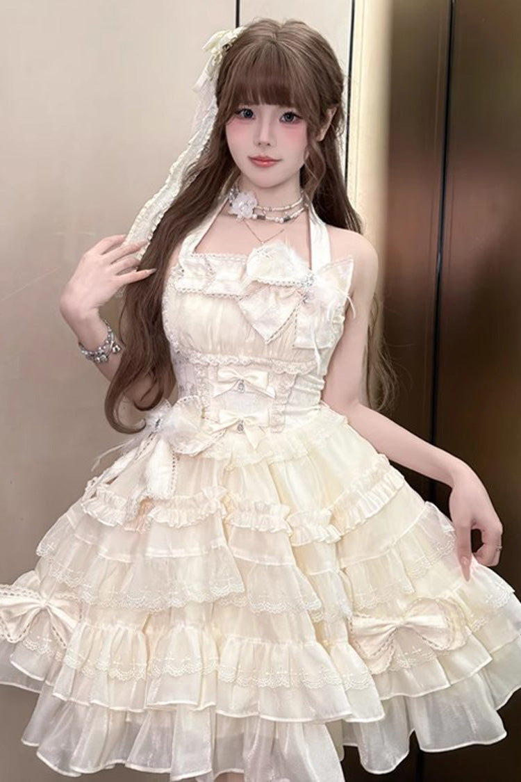 Swan Overture Apricot Halterneck Sleeveless Multi-Layered Ruffle Bowknot Lace Sweet Dress