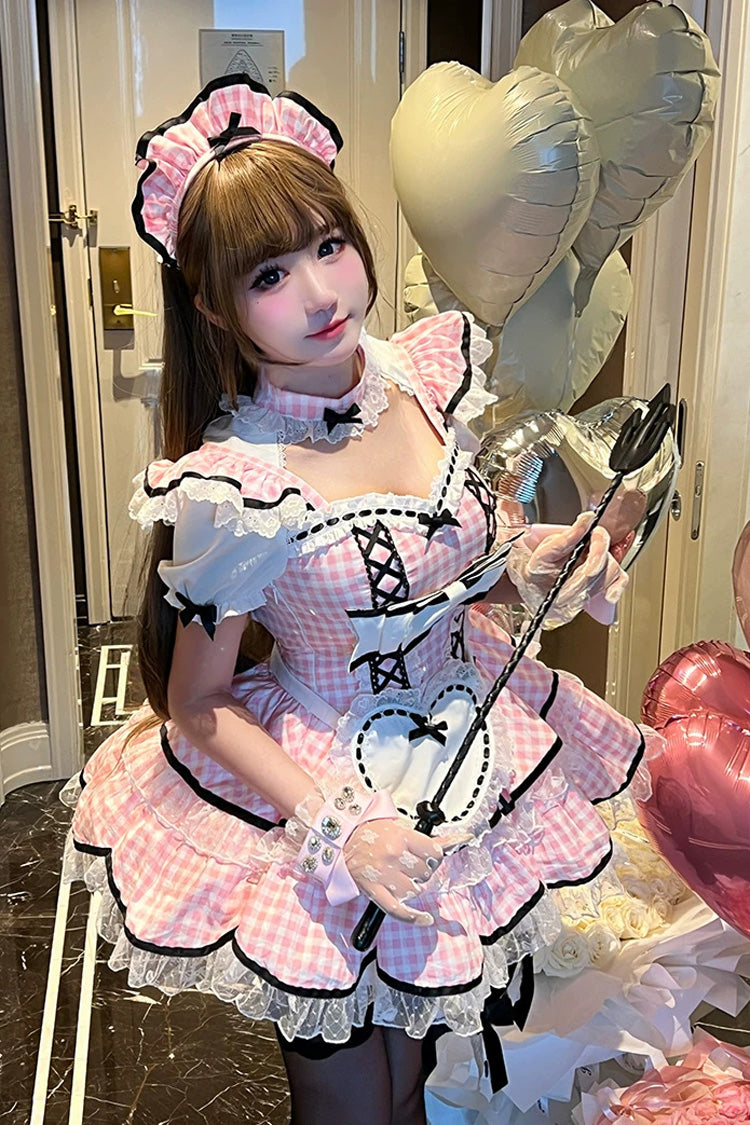 Sweet Lolita Maid Dress with Printed Ruffled Bow and Square Collar - Pink
