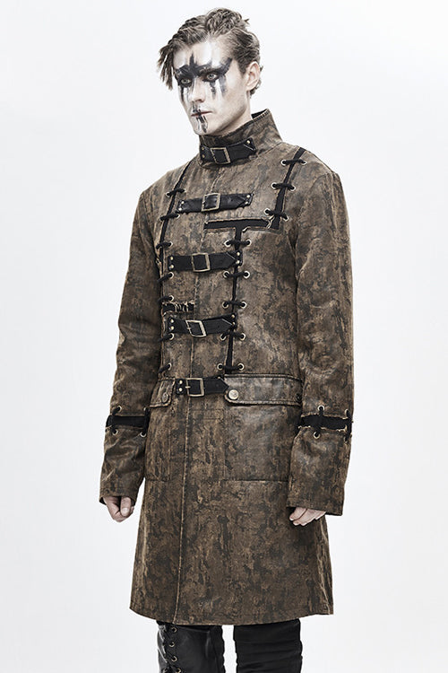 Cocoa Steampunk Patch Long Leather Overcoat for Men