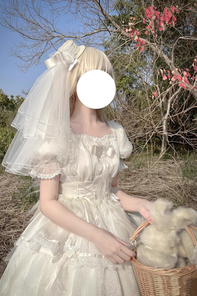 Ivory Square Neck Short Sleeve High-Waist Multi-Layer Ruffle Plus Size Lolita Dress