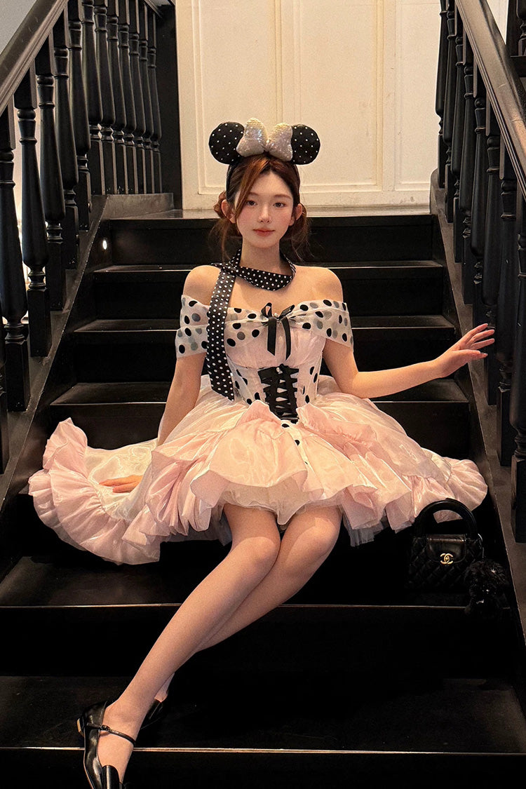 Printed Lace-Up Princess Dress - Polka Dot × Gown Coronation