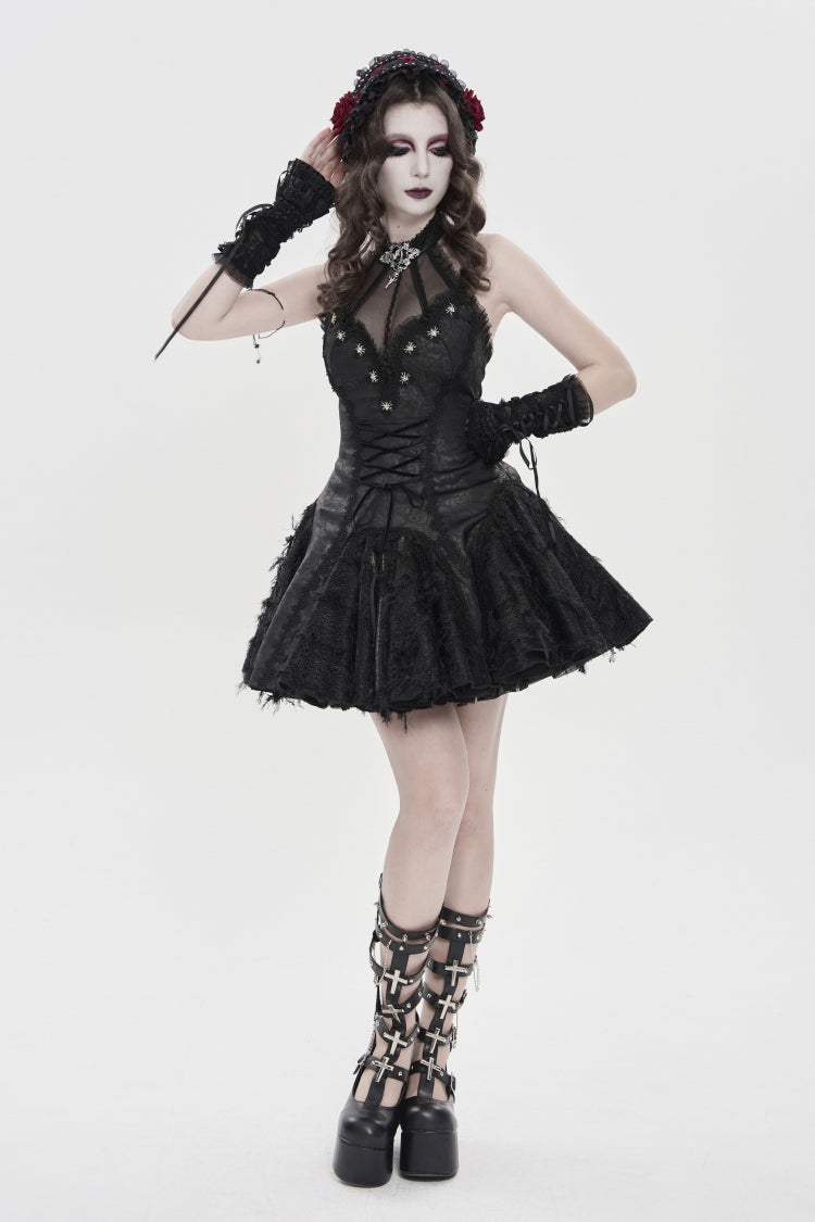 Off Shoulder Sleeveless Printed Spliced Lace Lace-Up Pleated Gothic Dress