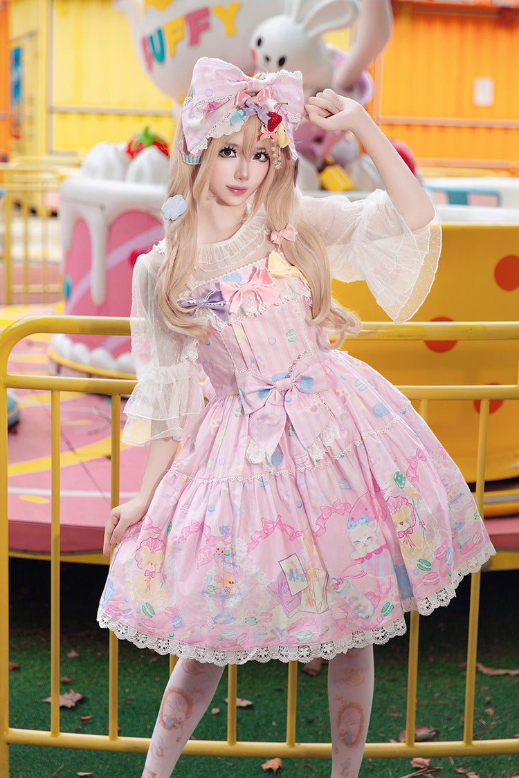 Pink Sleeveless Sweet Lolita JSK Dress Square Collar Bow Print - Macarons Dolly House