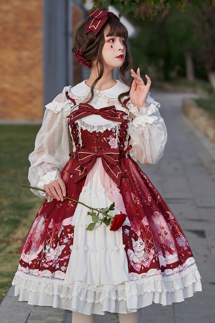Sweet Lolita JSK Dress with Hydrangea Print, Ruffles and Bowknot - Altfashion Shop