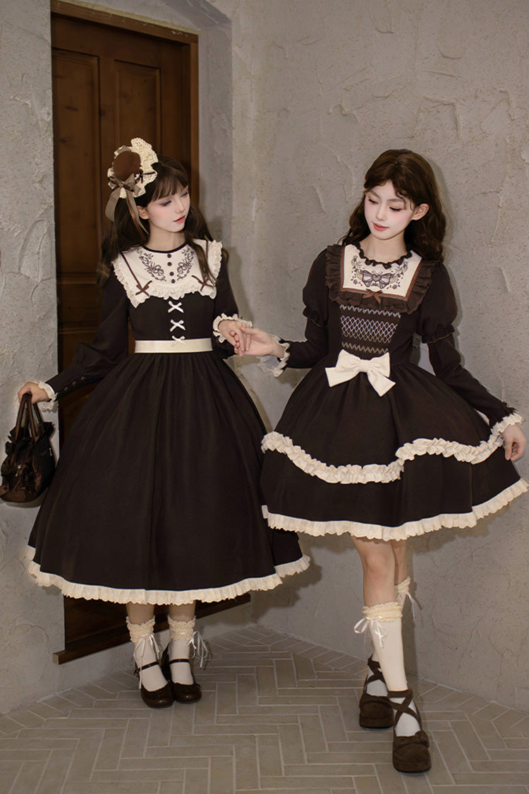 Brown Double-Layered Ruffled Bouquet Embroidered Bow Sweet Lolita Dress - Miss Brown