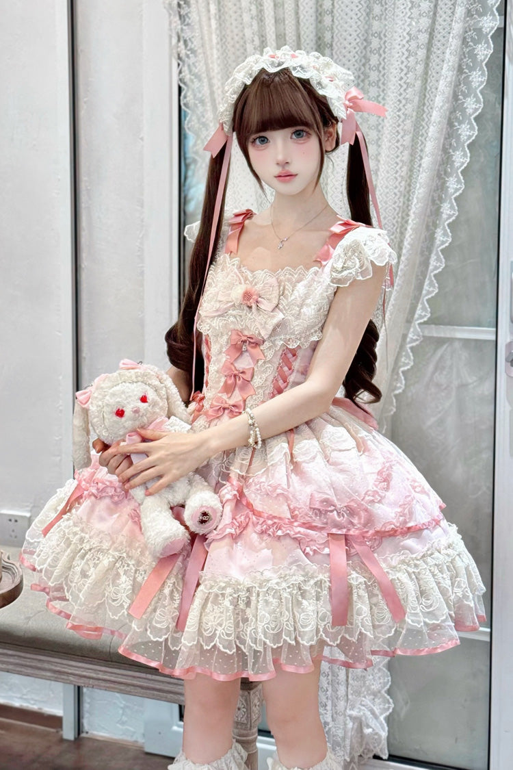Dreaming Butterfly Pink Multi-Layered Jacquard Ruffle Bowknot Lace Sweet Princess JSK Dress