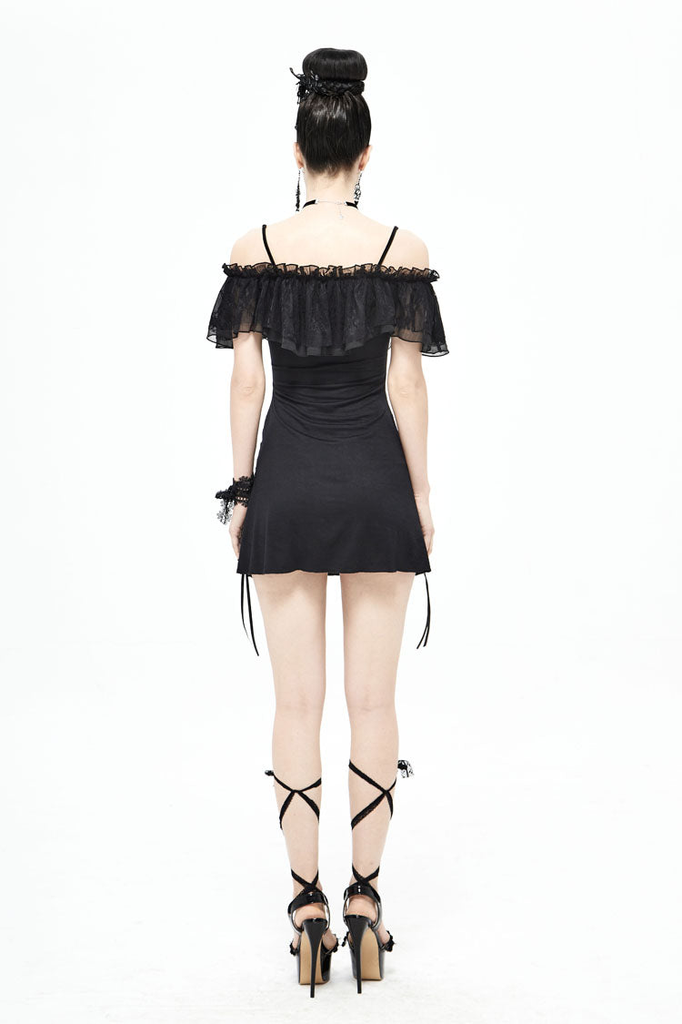 Off-Shoulder Chest Frilly Punk Tee for Women with Lace-Up Detail