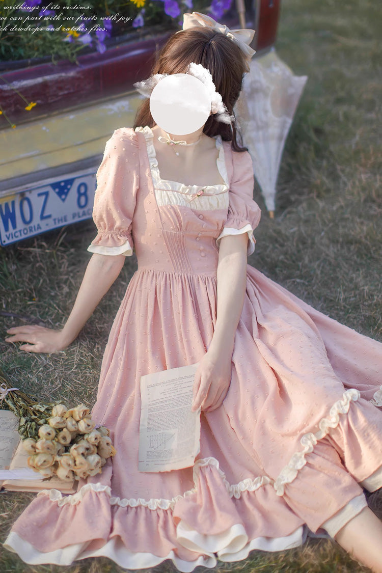 Pink Square-Neck Puff-Sleeve Ruffle-Embroidered Chic Sweet Jumper Dress