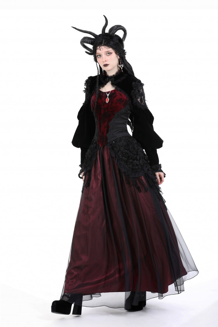 Jet-Black Gothic Cape with Velvet Panels and Lantern Sleeves