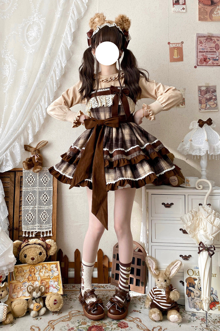 Cocoa Sleeveless Double-Layered Plaid Ruffle Bow Lace Sweet Lolita JSK
