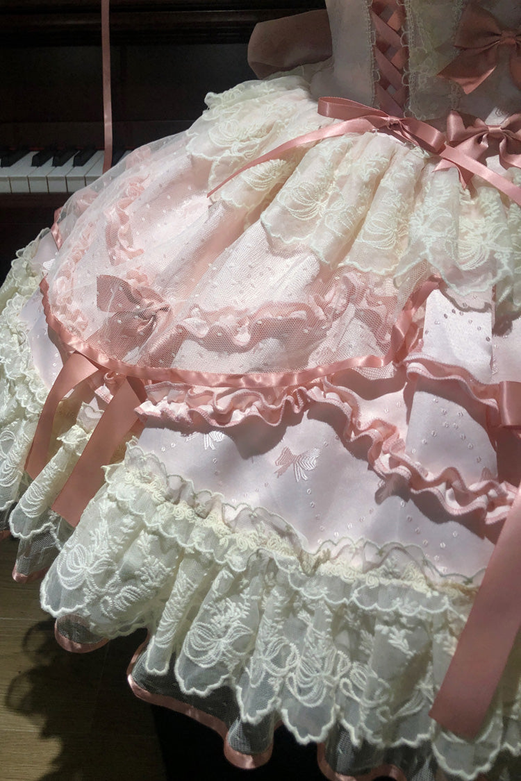 Dreaming Butterfly Pink Multi-Layered Jacquard Ruffle Bowknot Lace Sweet Princess JSK Dress