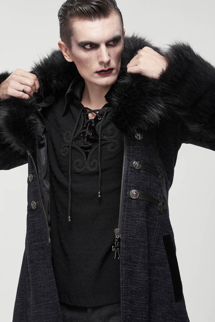 Gothic Men's Coat with Removable Fur Collar, Button Accents