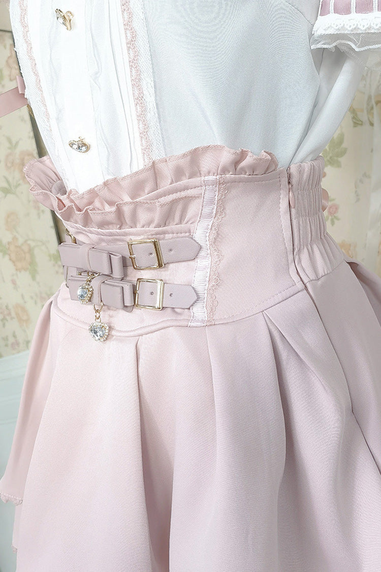 Blush & White Lapel Collar Short-Sleeve Double Ruffled Bow Sweet Jirai Kei Set