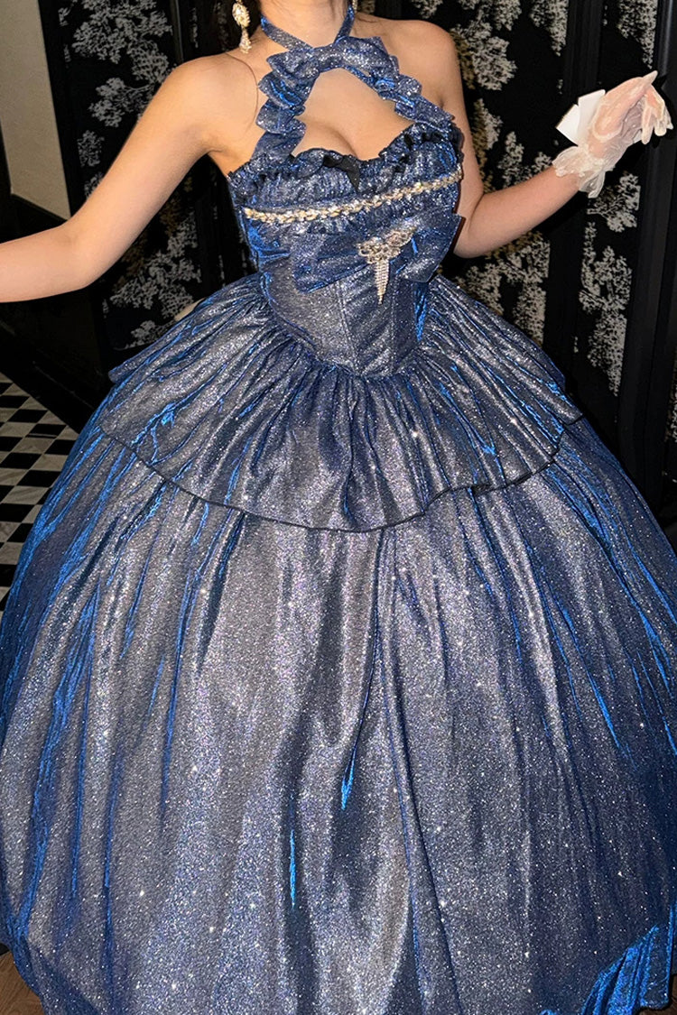 Sweet Lolita Skirt Set with Ruffled Cut-Out Bow and Glitter - Blue