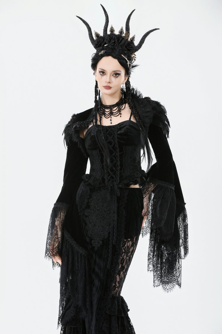 Spliced Velvet Long Flared Sleeve Floral Feather Gothic Cape for Women Lace