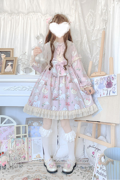Sweet Lolita OP Dress with Sheep Print and Lantern Sleeves