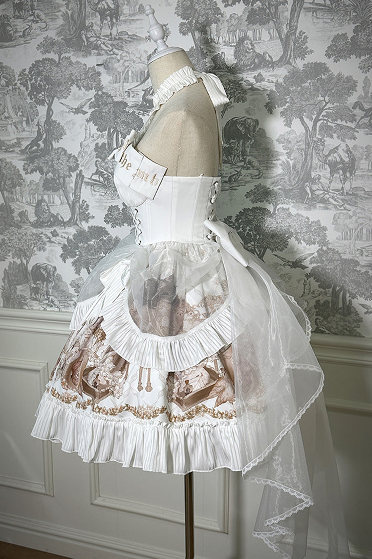 Ivory Halterneck Gothic Dress with Print and Bowknot - The Mystery of The Doll