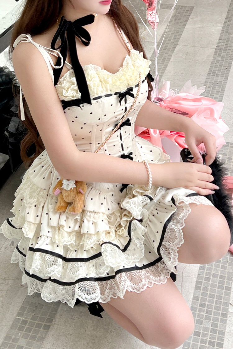 Cream Paris Holiday Polka Dot Layered Lace Fishbone Frilled Sweet Lolita Skirt Set