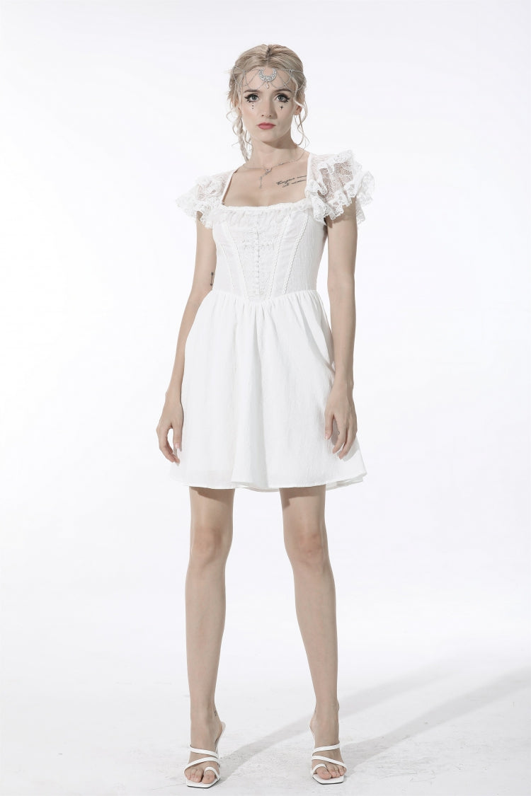 White Layered Lace Square Collar Strappy Gothic Mini Dress