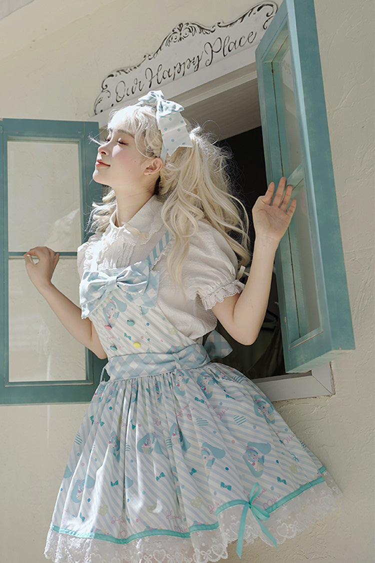 Sleeveless Print Bow Lace Sweet Lolita Strap Jumper Dress - Blue