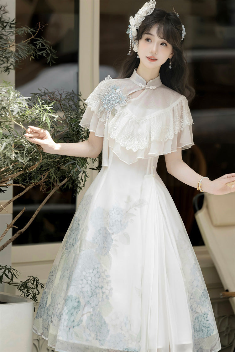 Ivory Print Ruffle Lace Chinese Elegant Short Dress