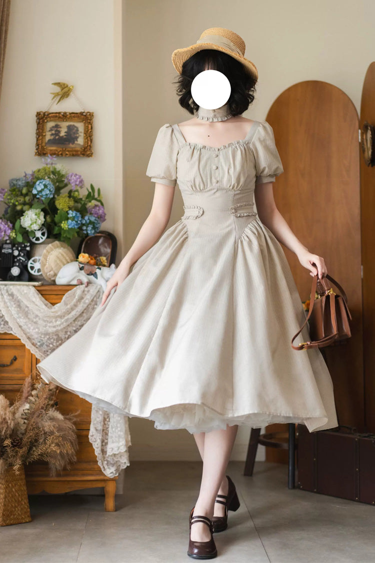 Khaki Square-Collar Ruffled Striped Vintage Dress