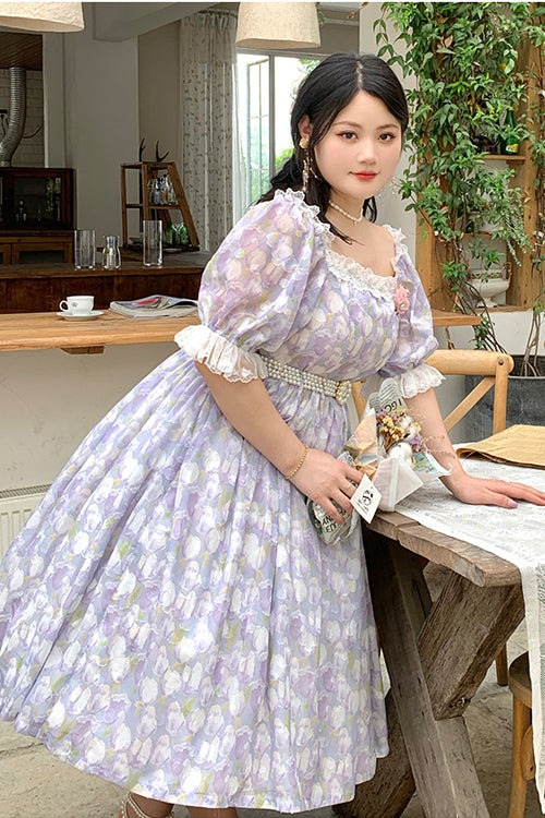Boat Neck Ruffled Short Sleeves Plus-Size Floral Print High-Waist Girly Lolita OP Gown