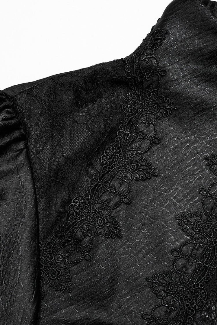 Jet-Black Gothic Shirt with Puffed Sleeves and Lace Panels for Men