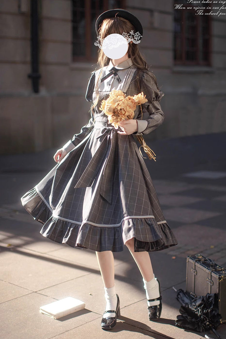 Grey Plaid Print Bow Classic Vintage College Dress